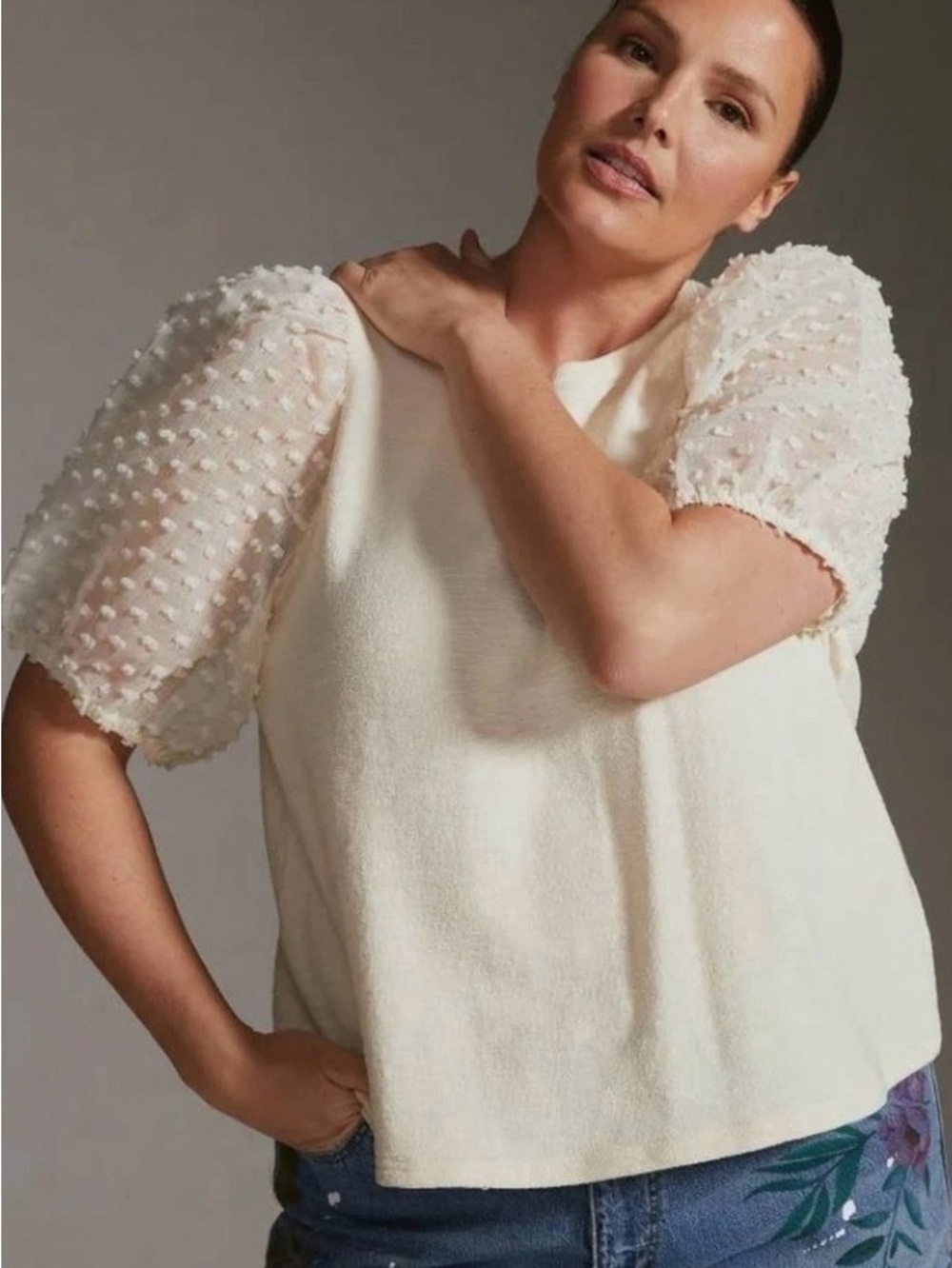 NWT Maeve Anthropologie Ivory Cream Puff Sleeve Swiss Dot Textured Blouse Sz 1X